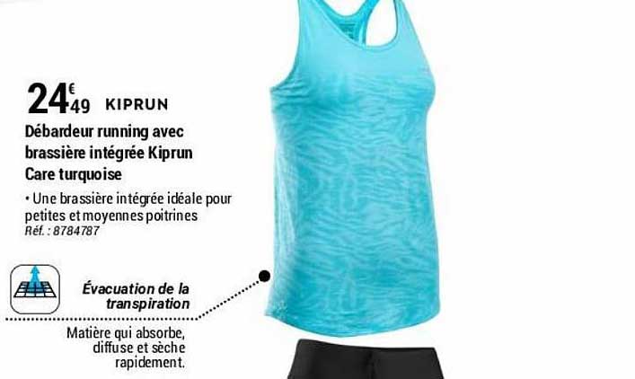 débardeur running avec brassière intégrée kiprun care turquoise