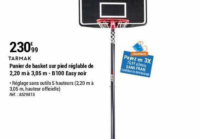 panier de basket sur pied réglable de 2,20 m à 3,05 m - b100 easy noir tarmak
