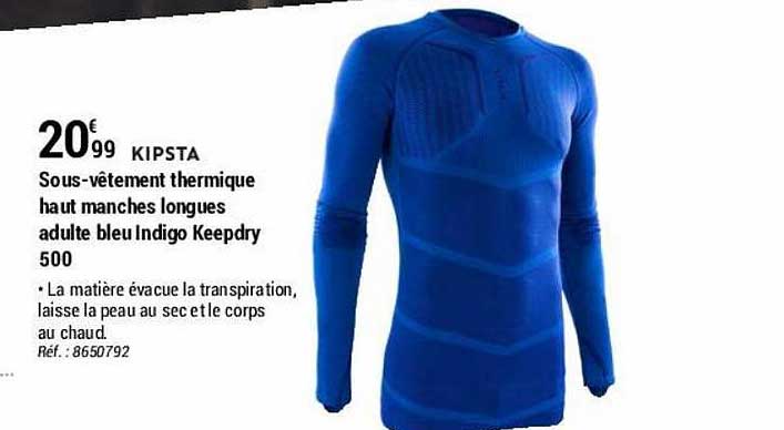 sous-vêtements thermique haut manches longues adulte bleu indigo keepdry 500 kipsta