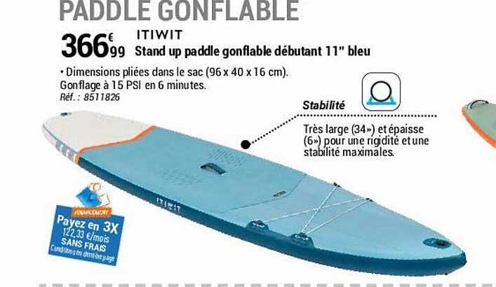 stand up paddle gonflable débutant 11" bleu itiwit