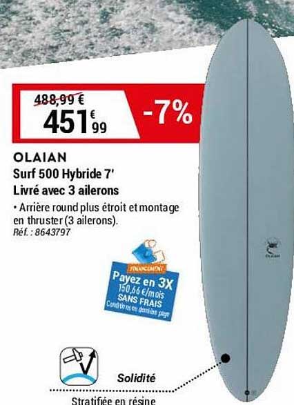 surf 500 hybride 7" livré avec 3 ailerons olaian