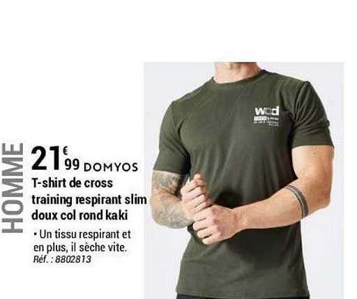 t-shirt de cross training respirant slim doux col rond kaki domyos