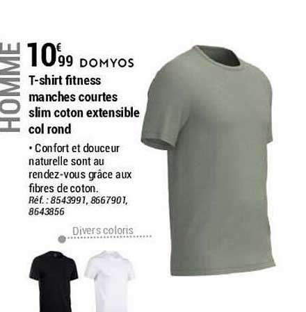 t-shirt fitness manches courtes slim coton extensible col rond domyos