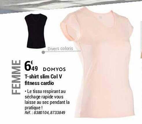t-shirt slim col v fitness cardio domyos