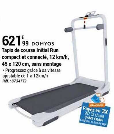 tapis de course initial run compact et connecté, 12 km-h, 45 x 120 cm, sans montage domyos