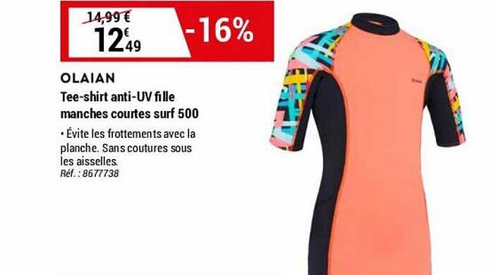tee-shirt anti-uv fille manches courtes surf 500 olaian