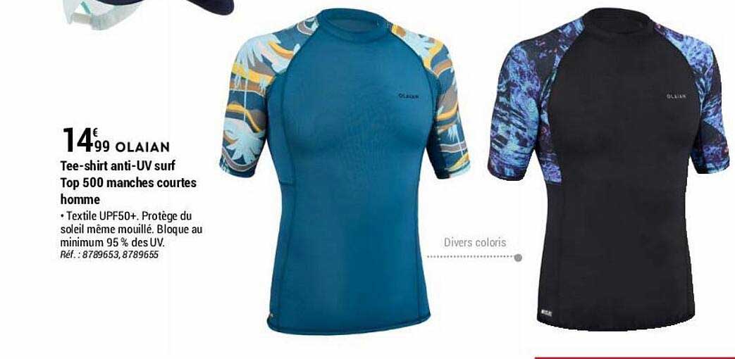 tee-shirt anti-uv surf top 500 manches courtes homme olaian