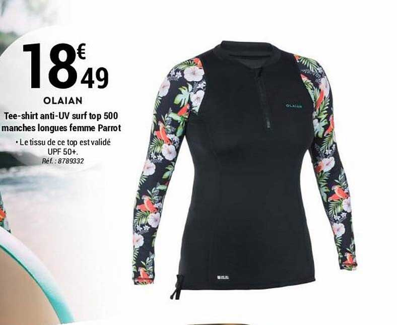 tee-shirt anti-uv surf top 500 manches longues femme parrot olaian