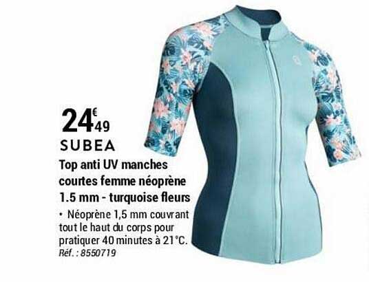 top anti uv manches courtes femme néoprène 1.5mm - turquoise fleurs subea