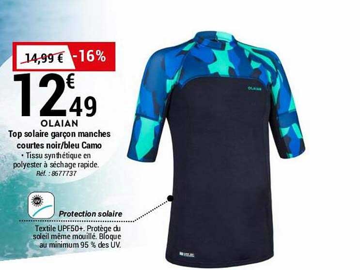 top solaire garçon manches courtes noir-bleu camo olaian