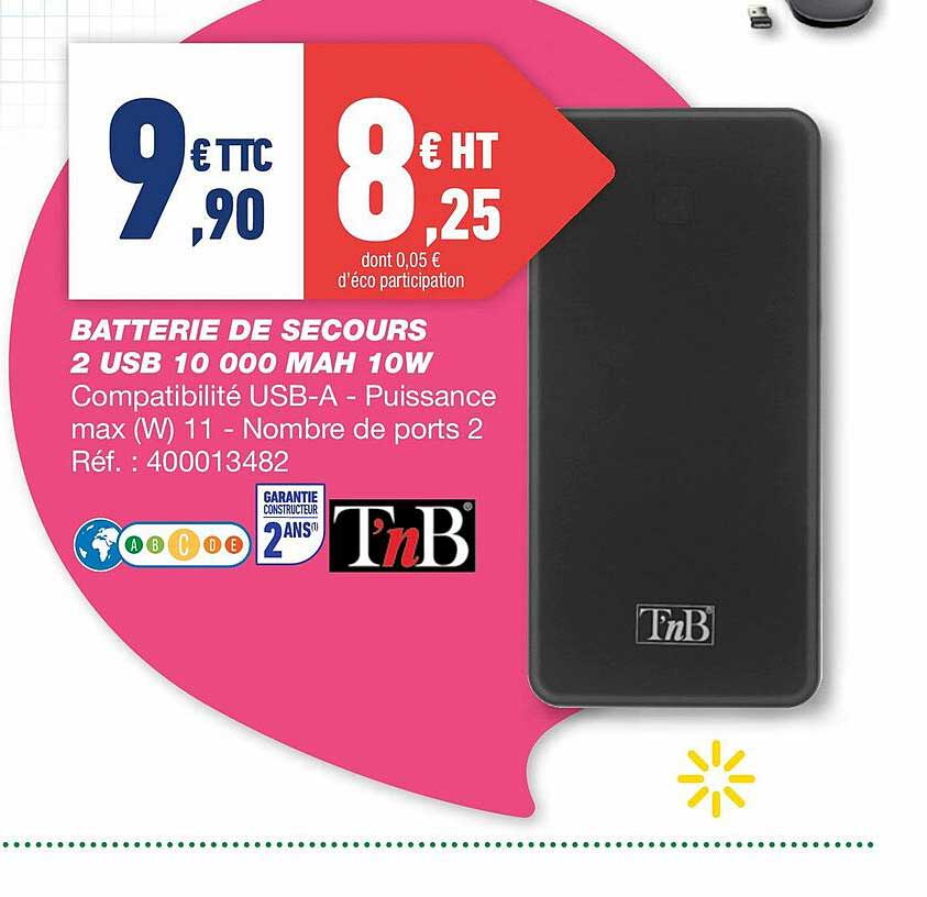 batterie de secours 2 usb 10 000 mah 10w tnb