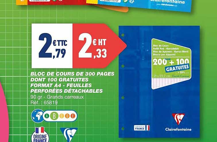 Bloc De Cours De 300 Pages Dont 100 Gratuites Format A4 - Feuilles Perforées Détachables Clairefontaine