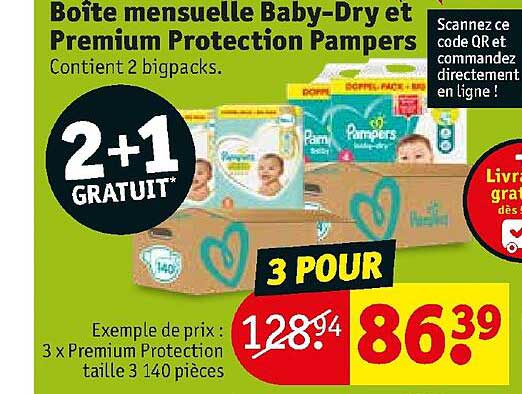 boîte mensuelle baby-dry et premium protection pampers