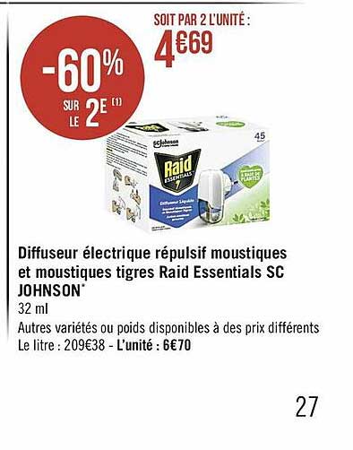 diffuseur électrique répulsif moustiques et moustiques tigres raid essentials sc johnson