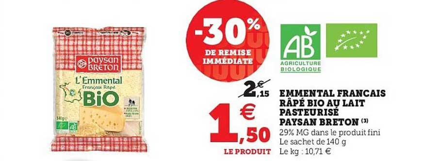 emmental français râpé bio au lait pasteurisé paysan breton