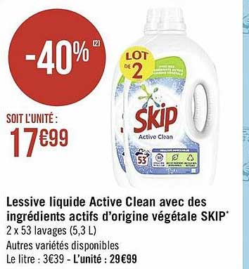 lessive liquide active clean avec des ingrédients actifs d'origine végétale skip