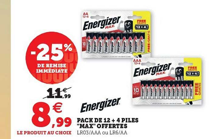 pack de 12 + 4 piles "max" offertes energizer