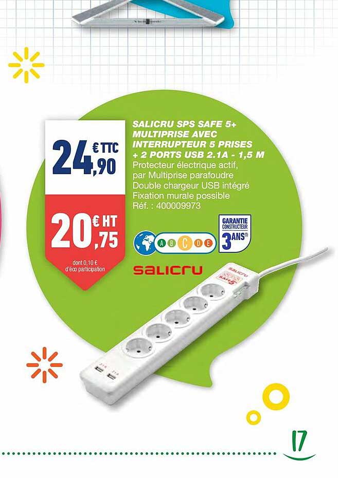salicru sps safe 5+ multiprise avec interrupteur 5 prises + 2 ports usb 2.1a - 1,5 m