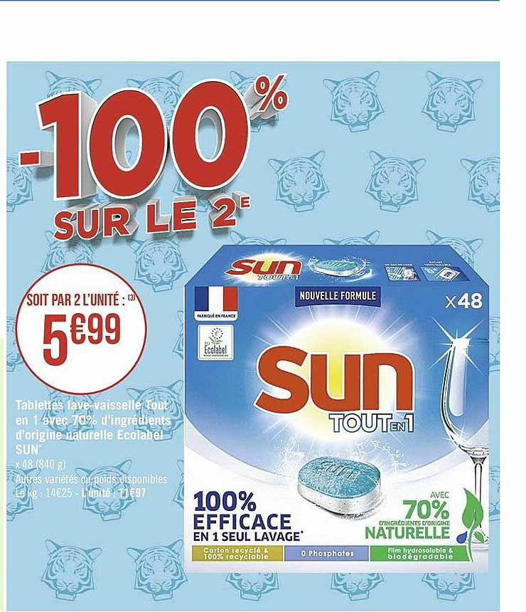 tablettes lave-vaisselle tout en 1 avec 70% d'ingrédients d'origine naturelle écolabel sun