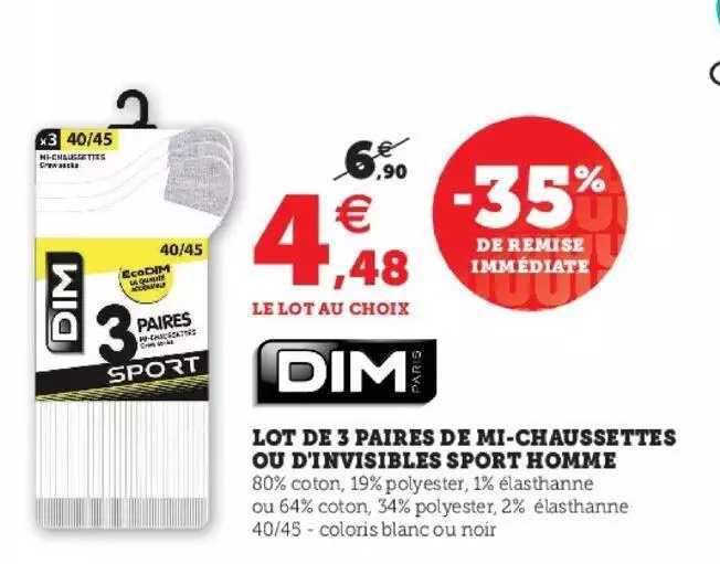 lot de 3 paires de mi-chaussettes ou d'invisibles sport homme dim