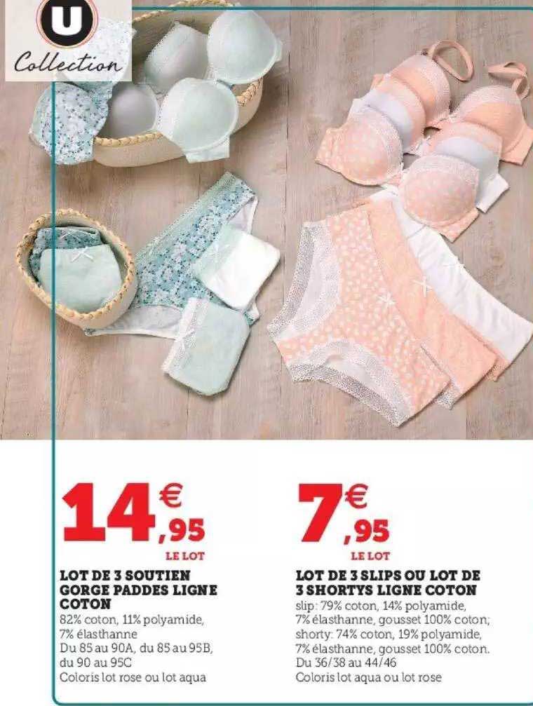 lot de 3 soutien gorge paddes ligne coton, lot de 3 slips ou lot de 3 shorys ligne coton