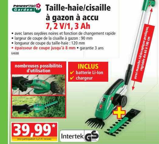 taille-haie-cisaille à gazon à accu 7,2 v-1, 3 ah powertec garden