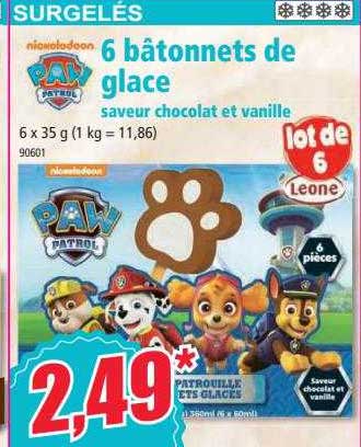 6 bâtonnets de glace saveur chocolat et vanille paw patrol