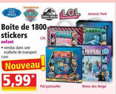 boîte de 1800 stickers reine des neiges, paw patrol, jurassic world, lol, jurassic park