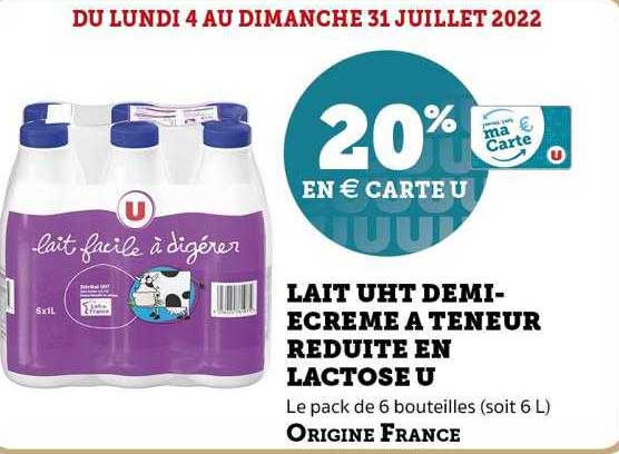 lait uht demi-écrémé à teneur réduite en lactose u