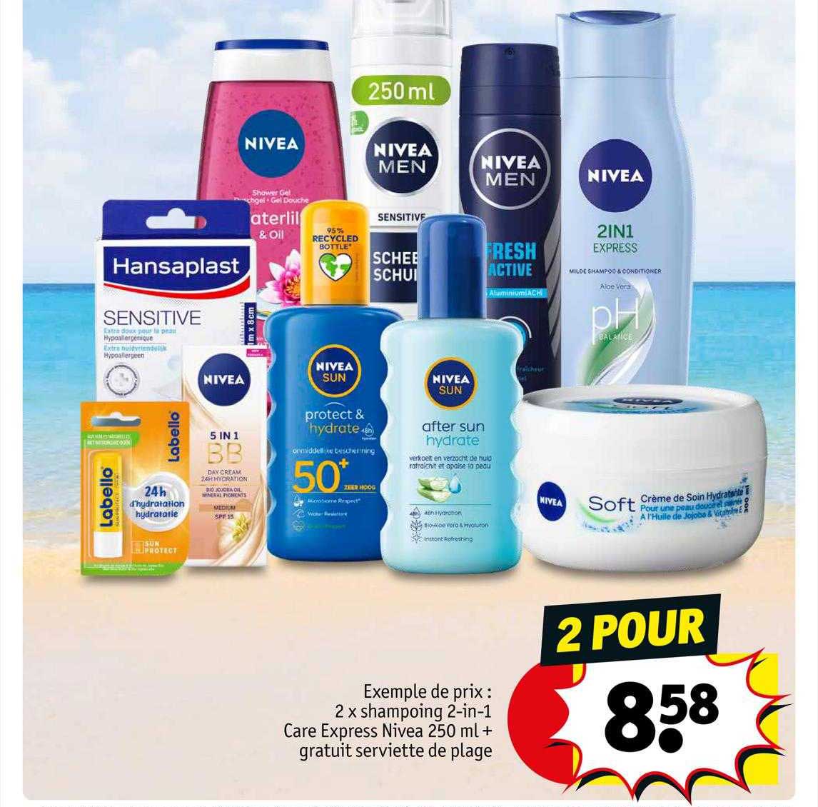 2 x shampoing 2-in-1 care express nivea 250ml + gratuit serviette de plage