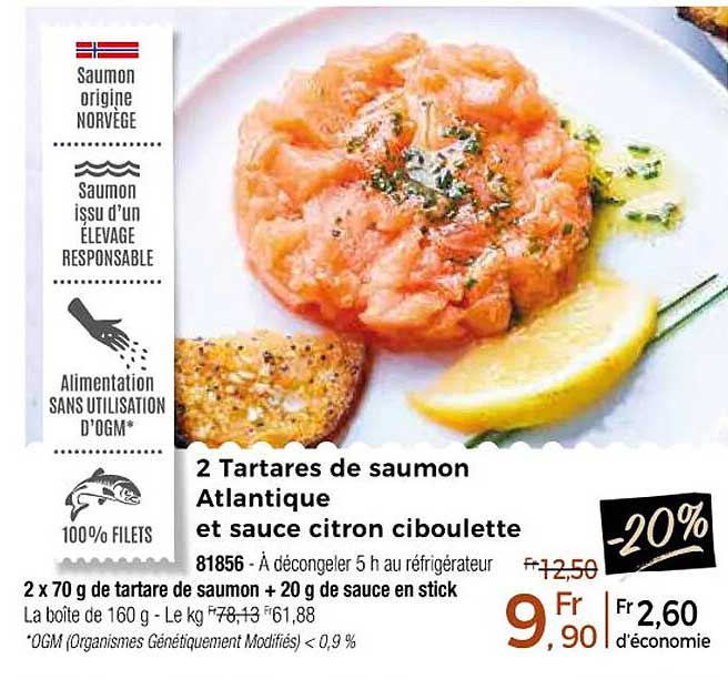 2 tartares de saumon atlantique et sauce citron ciboulette