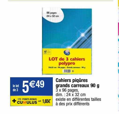 cahiers piqûres grands carreaux 90 g