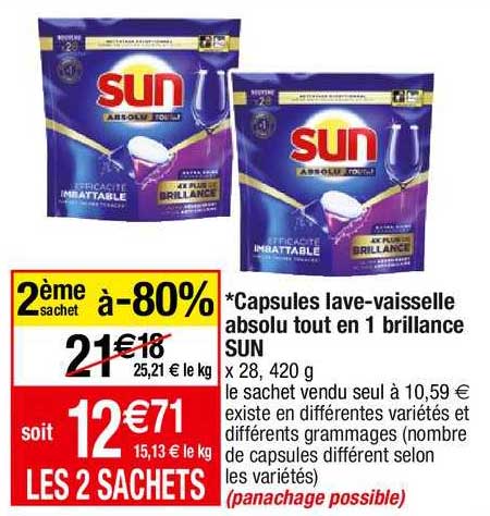 capsules lave-vaisselle absolu tout en 1 brillance sun