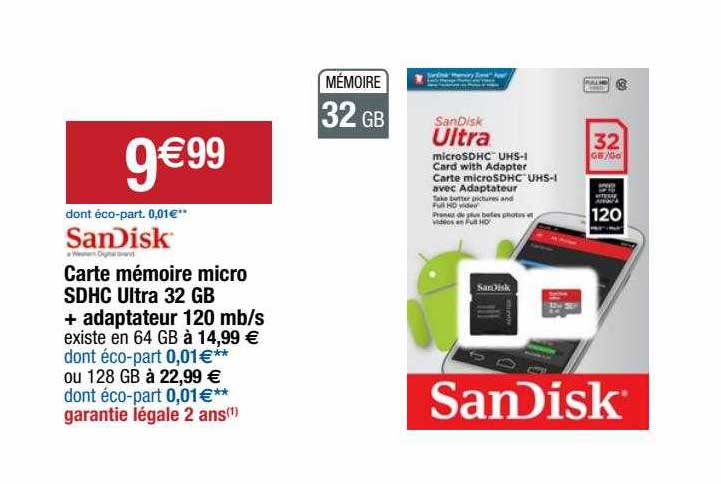 carte mémoire micro sdhc ultra 32 gb + adaptateur 120 mb/s sandisk