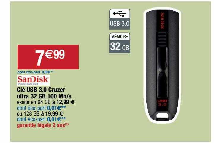 clé usb 3.0 cruzer ultra 32 gb 100 mb/s sandisk