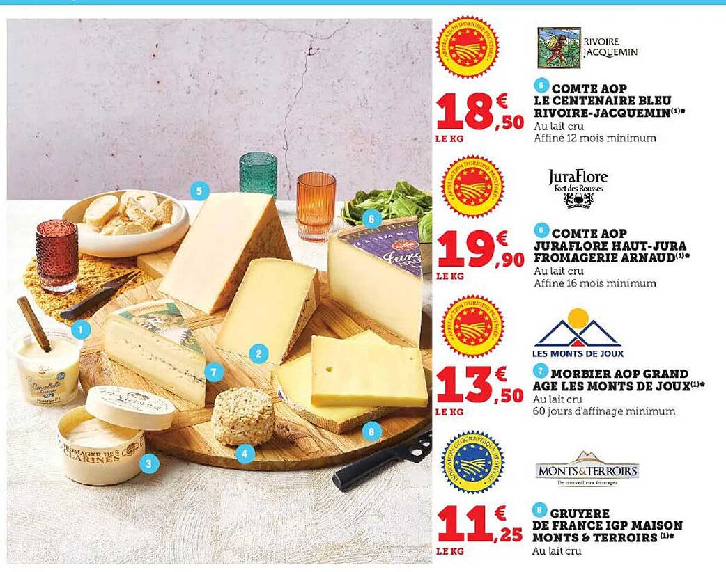 comté aop le centenaire bleu rivoire-jacquemin, comté aop juraflore haut-jura fromagerie arnaud, morbier aop grand âge les monts de joux, gruyère de france igp maison monts & terroirs
