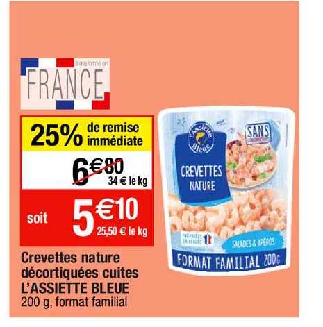 crevettes nature décortiquées cuites l'assiette bleue
