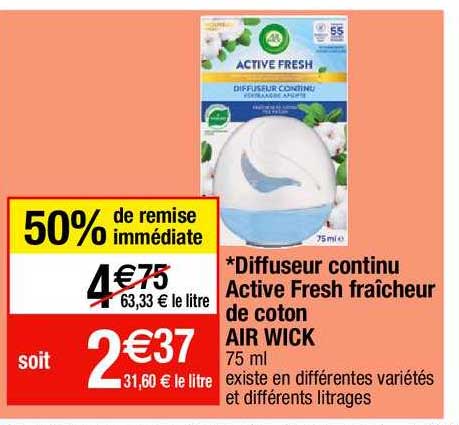 diffuseur continu active fresh fraîcheur de coton air wick