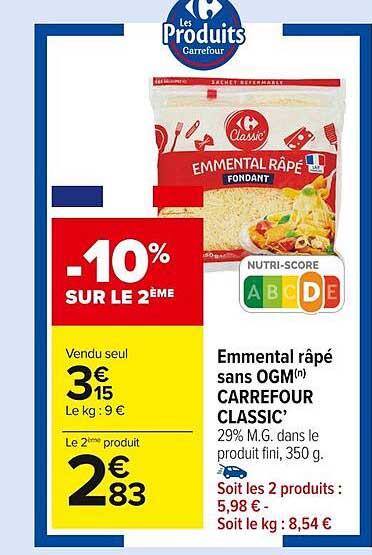 emmental râpé sans ogm carrefour classic'