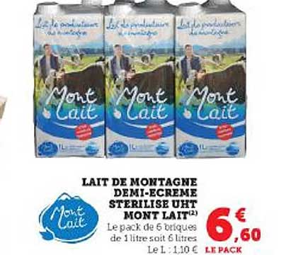 lait de  montagne demi-écrémé stérilisé uht mont lait