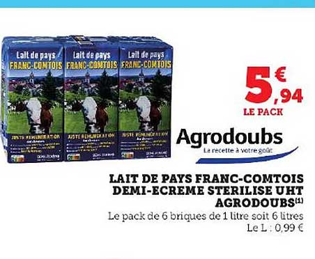 lait de pays franc-comtois demi-écrémé stérilisé uht agrodoubs