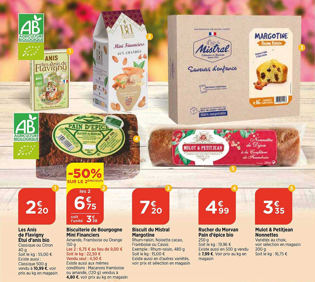 les anis de flavigny étui d'anis bio, biscuiterie de bourgogne mini financiers, biscuit du mistral margotine, rucher du morvan pains d'épice bio, mulot & petit jean nonnettes