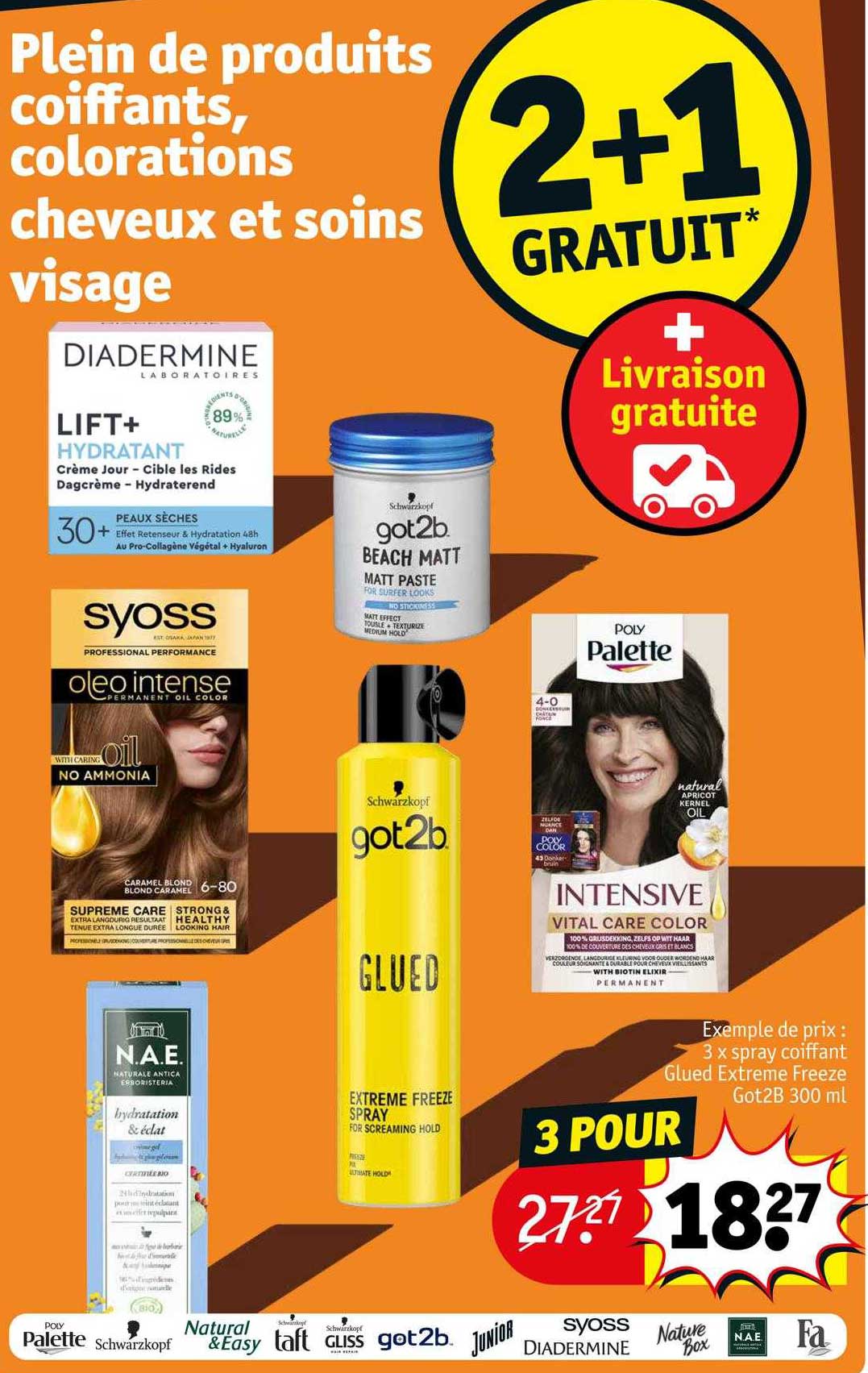 plein de produits coiffants, colorations cheveux et soins visage