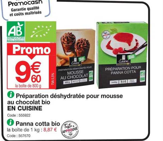 préparation déshydratée pour mousse au chocolat bio en cuisine, panna cotta bio