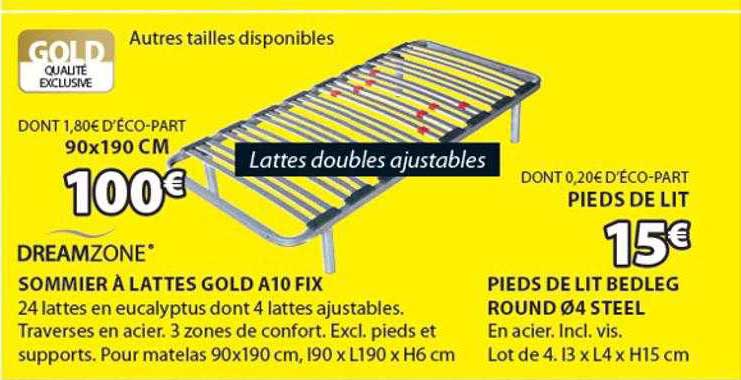 sommier à lattes gold a10 fix dreamzone, pieds de lit bedleg round ø4 steel