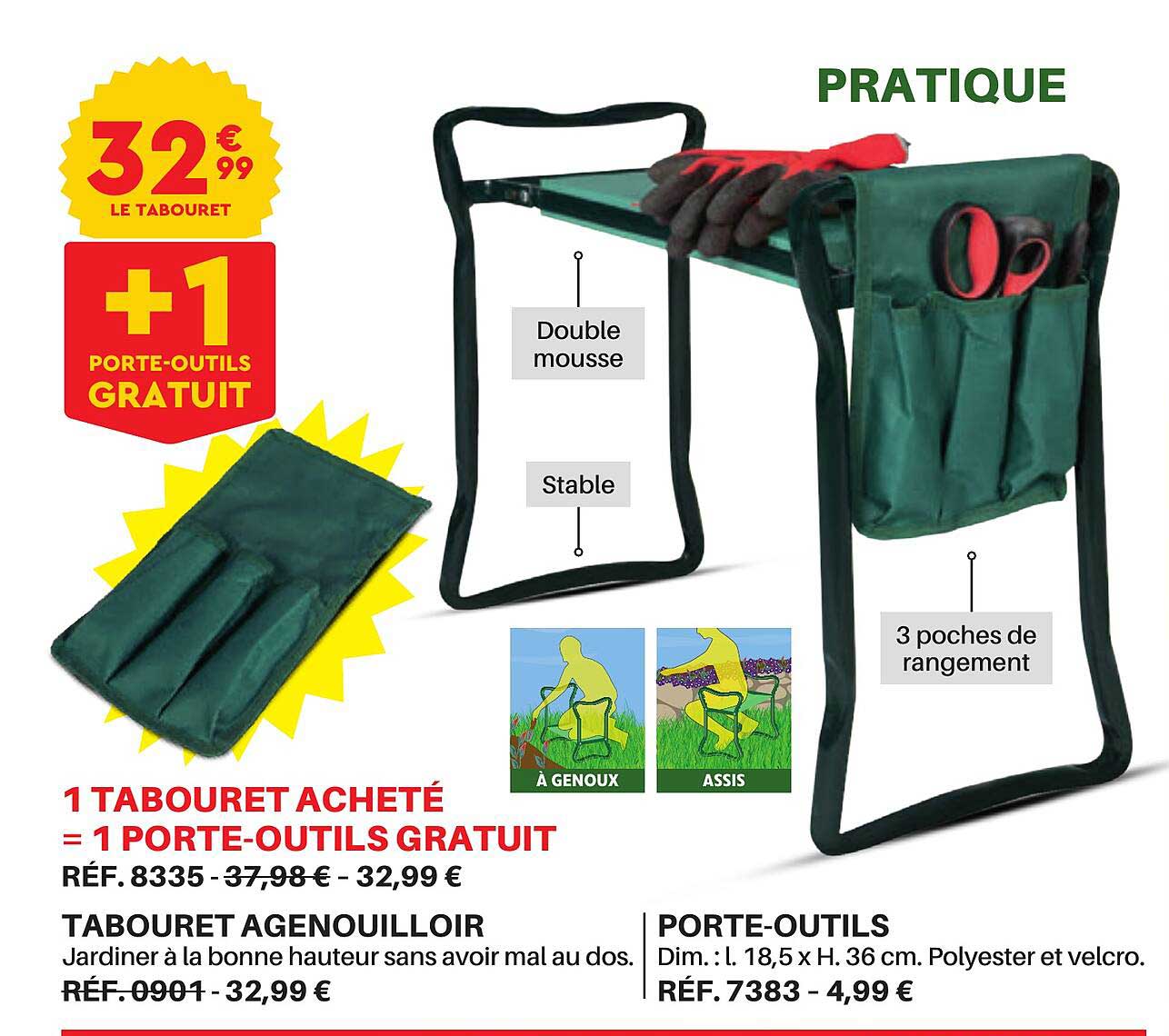 tabouret agenouilloir, porte-outils