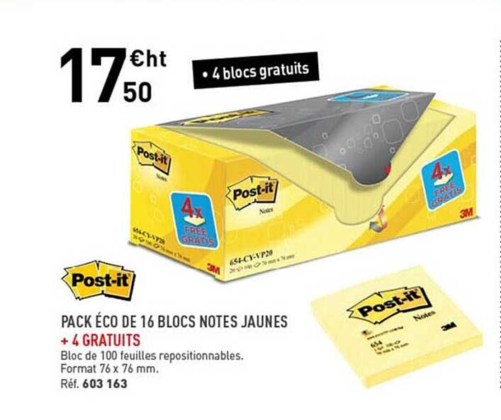 pack éco de 16 blocs notes jaunes + 4 gratuits