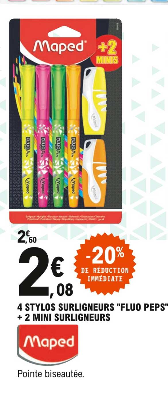 4 stylos surligneurs "fluo peps" + 2 mini surligneurs
