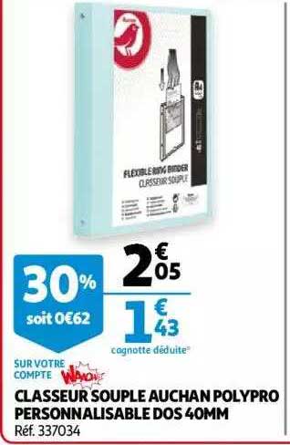 classeur souple auchan polypro personnalisable dos 40mm