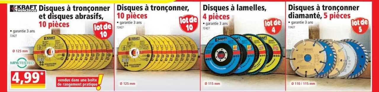 disques à tronçonner et disques abrasifs, 10 pièces kraft werkzeuge, disques à tronçonner, 10 pièces, disques à lamelles, 4 pièces, disques à tronçonner diamanté, 5 pièces